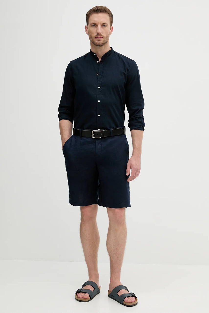 Льняная рубашка Sisley цвет синий regular со стойкой 51FCSQ03J