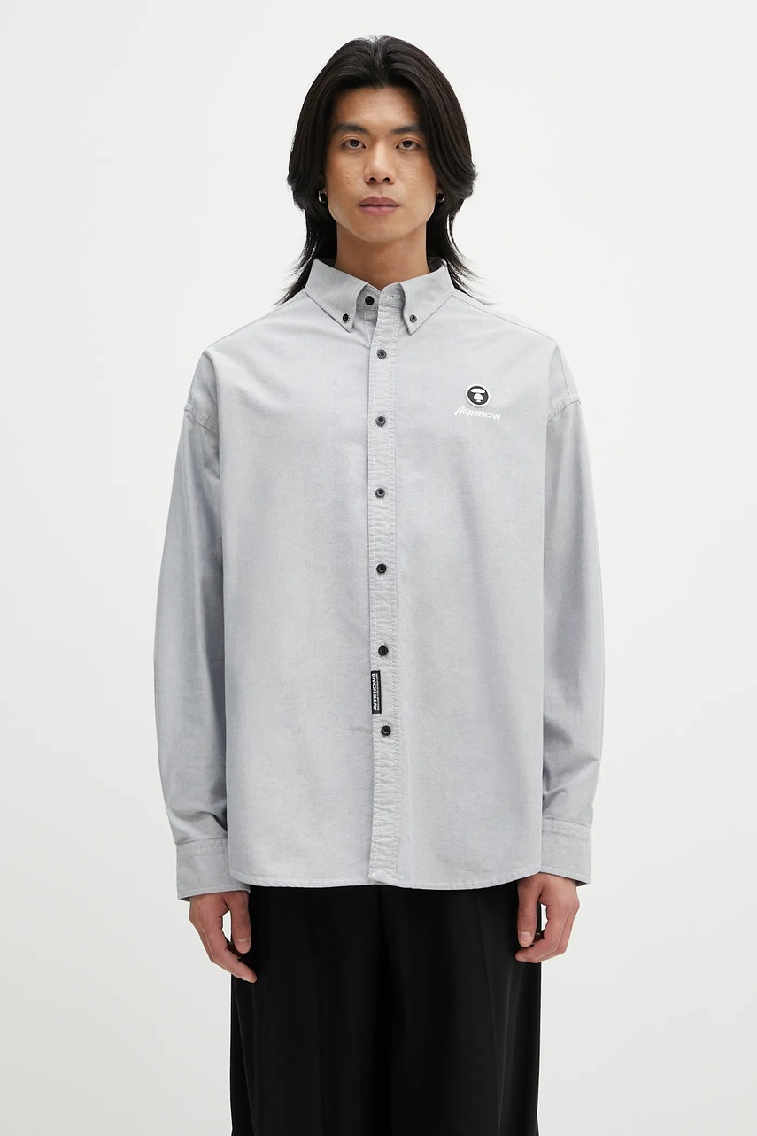 Bavlněná košile AAPE Now Long pánská, černá barva, relaxed, s límečkem button-down, AAPSTM8512XXO