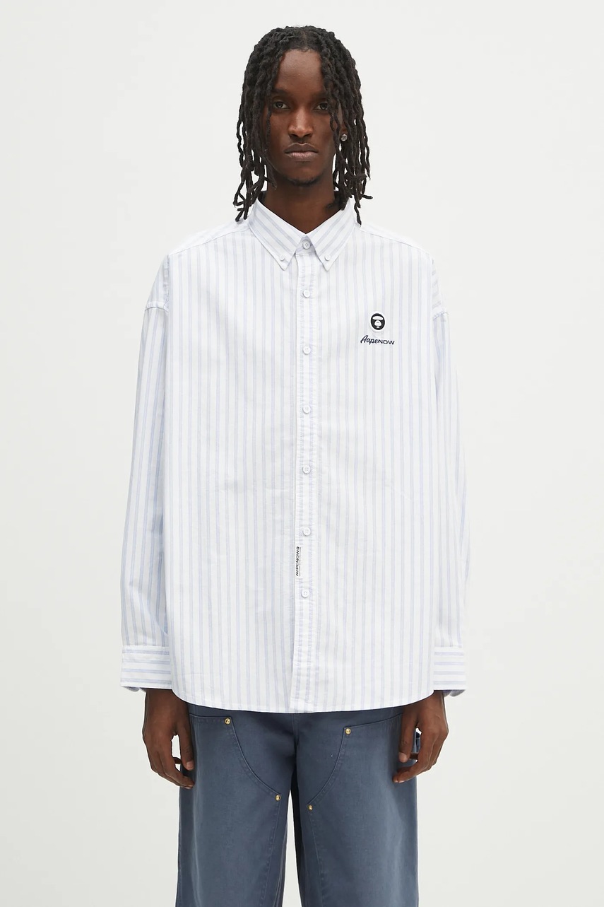 Bavlněná košile AAPE Now Long pánská, bílá barva, relaxed, s límečkem button-down, AAPSTM8513XXO