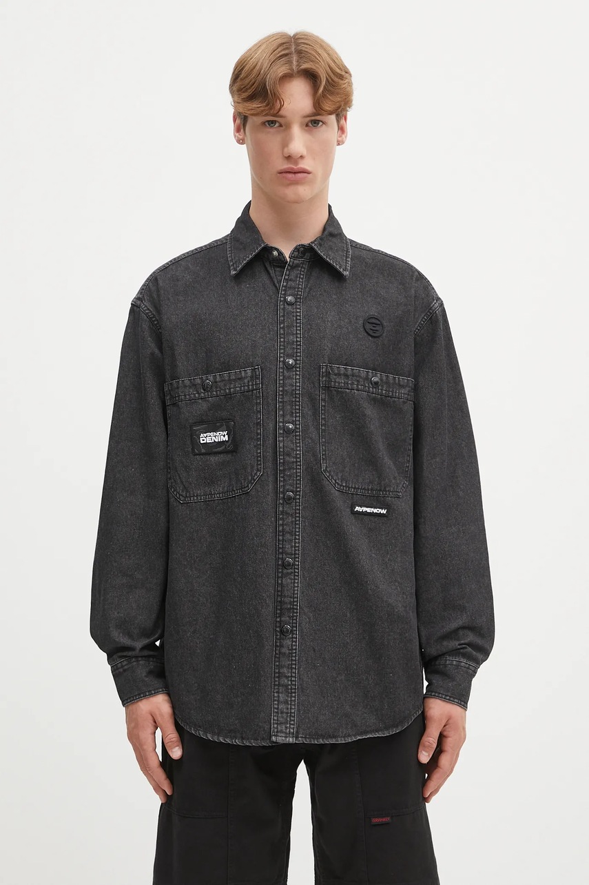 Džínová košile AAPE Now Long pánská, černá barva, relaxed, s klasickým límcem, AAPSTM8511XXO