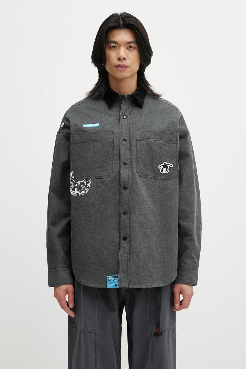 Oboustranná košilová bunda AAPE Main Long Sleeve černá barva, oversize, AAPSTM8502XXN