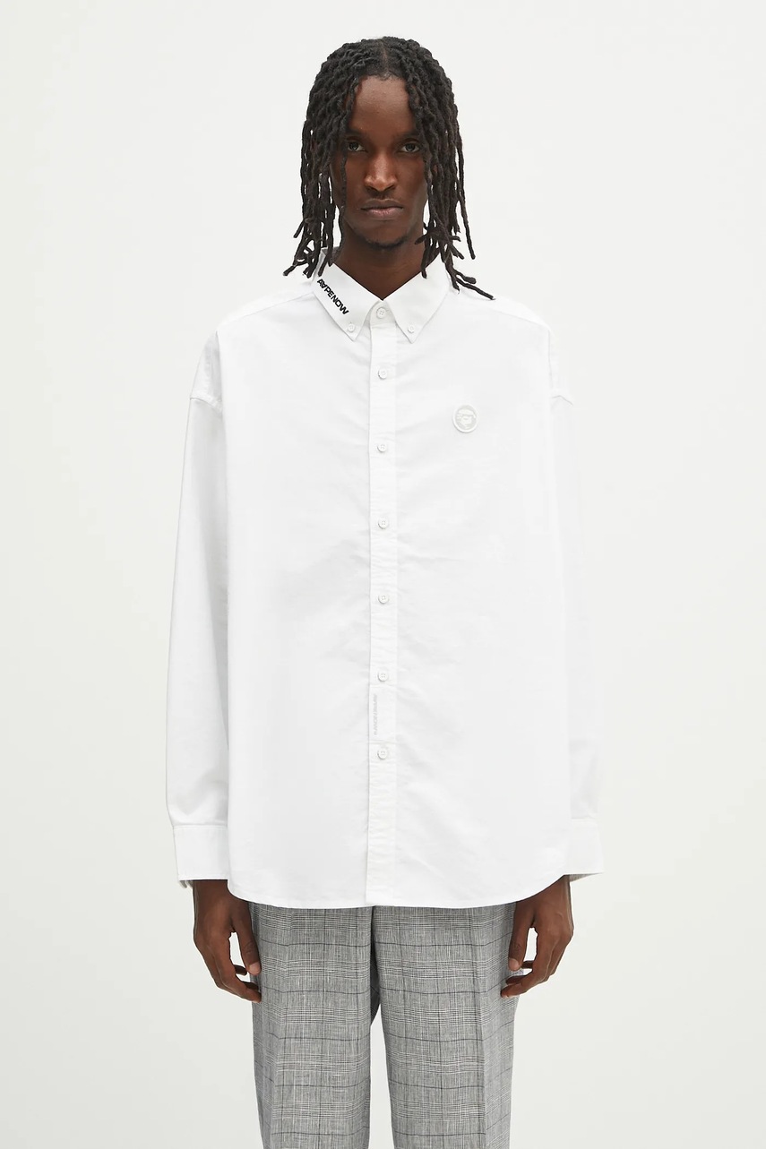 Bavlněná košile AAPE Now Long Sleeve pánská, bílá barva, regular, s límečkem button-down, AAPSTM8496XXN