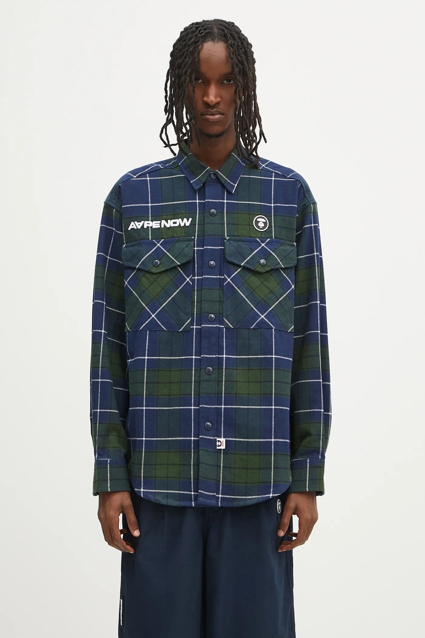 Bavlněná košile AAPE Now Long Sleeve pánská, tmavomodrá barva, relaxed, s klasickým límcem, AAPSTM8498XXN