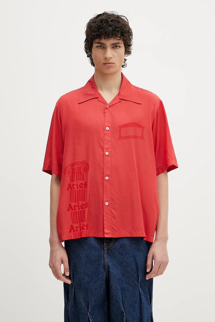 Aries cămașă Ancient Column Satin Viscose Hawaiian Shirt culoarea rosu, cu guler clasic, relaxed, AR4080003