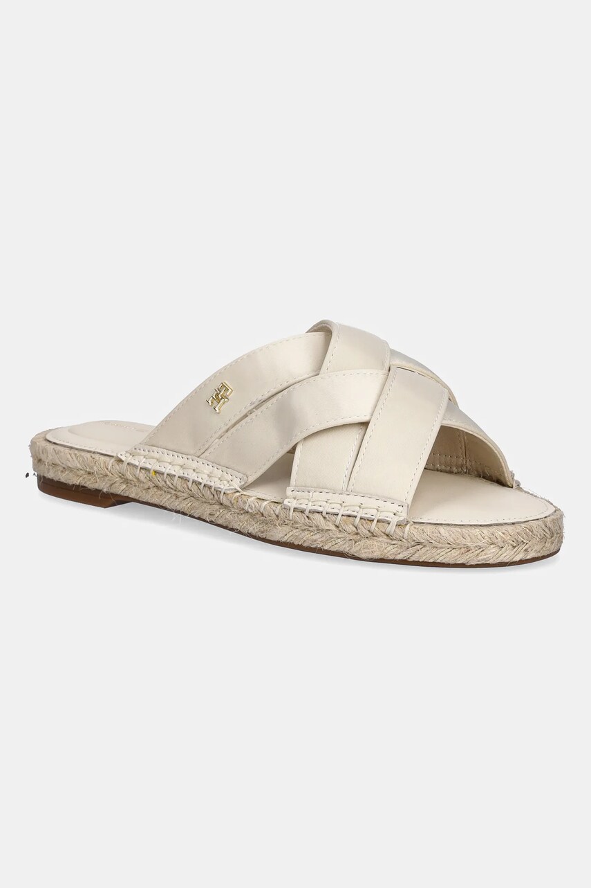 Levně Pantofle Tommy Hilfiger SATIN ESPADRILLE MULE dámské, béžová barva, FW0FW08502