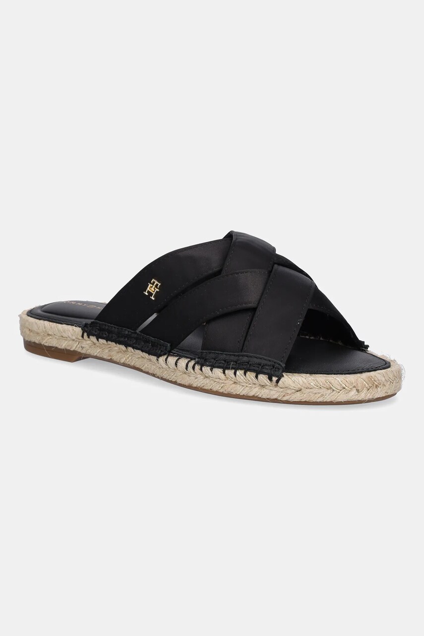 Levně Pantofle Tommy Hilfiger SATIN ESPADRILLE MULE dámské, černá barva, FW0FW08502