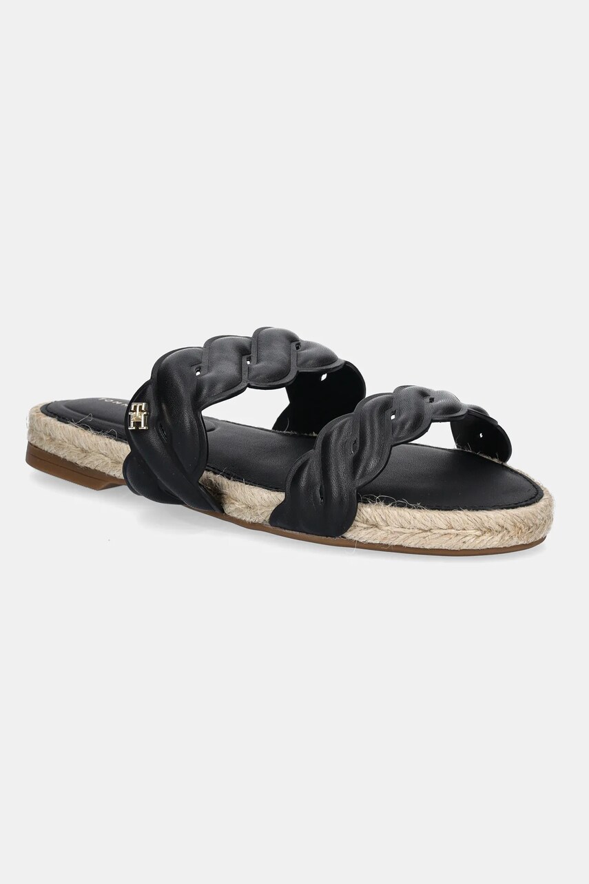 Levně Kožené pantofle Tommy Hilfiger LEATHER ROPE ESPADRILLE MULE dámské, černá barva, FW0FW08503
