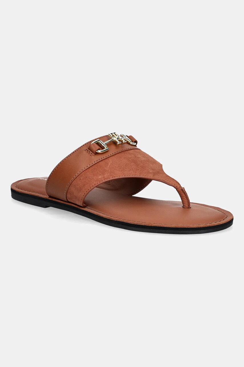 Levně Kožené žabky Tommy Hilfiger MIXED LEATHER HORSEBIT THONG dámské, hnědá barva, na plochém podpatku, FW0FW08506