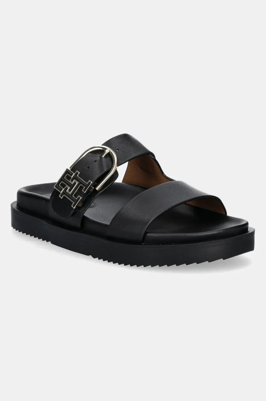 Levně Kožené pantofle Tommy Hilfiger LEATHER SPORTY MULE dámské, černá barva, FW0FW08512