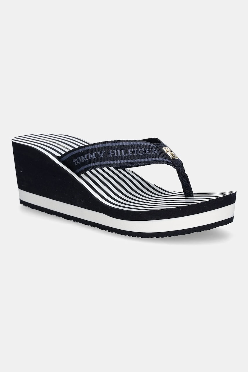 Levně Žabky Tommy Hilfiger TH STRIPES WEDGE BEACH SANDAL dámské, tmavomodrá barva, na klínku, FW0FW08521