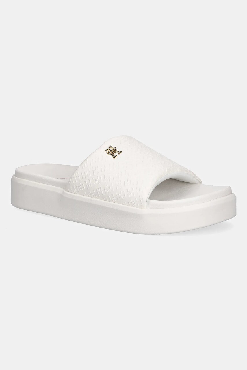 Levně Pantofle Tommy Hilfiger PLATFORM MONOGRAM POOLSLIDE dámské, bílá barva, na platformě, FW0FW08526