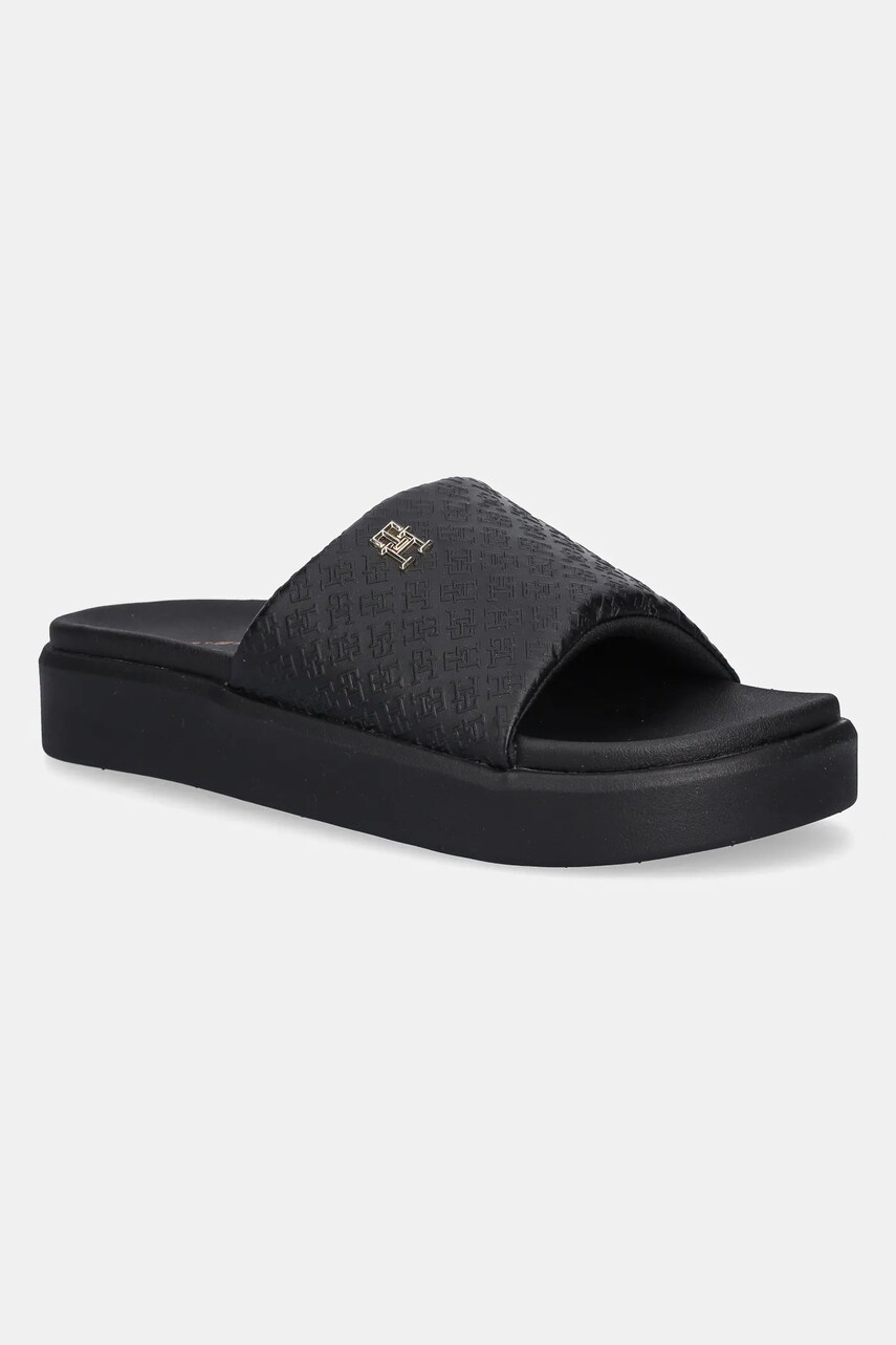 Levně Pantofle Tommy Hilfiger PLATFORM MONOGRAM POOLSLIDE dámské, černá barva, na platformě, FW0FW08526