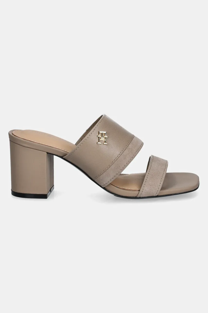 Кожаные шлепанцы Tommy Hilfiger LEATHER & SUEDE BLOCK HEEL MULE женские цвет бежевый каблук кирпичик FW0FW08530 Кожаные шлепанцы Tommy Hilfiger LEATHER & SUEDE BLOCK HEEL MULE женские цвет бежевый каблук кирпичик FW0FW08530