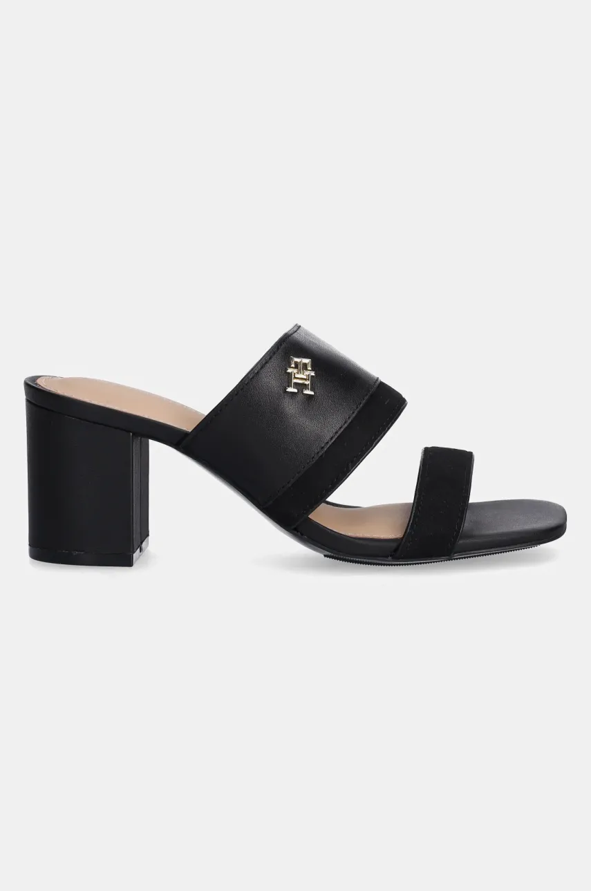 Кожаные шлепанцы Tommy Hilfiger LEATHER & SUEDE BLOCK HEEL MULE женские цвет чёрный каблук кирпичик FW0FW08530 Кожаные шлепанцы Tommy Hilfiger LEATHER & SUEDE BLOCK HEEL MULE женские цвет чёрный каблук кирпичик FW0FW08530