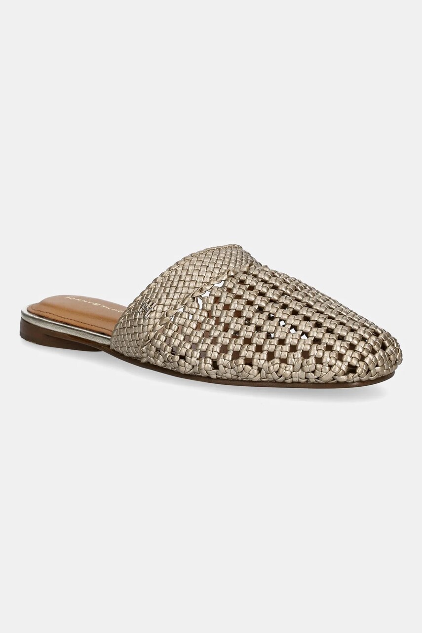 Levně Pantofle Tommy Hilfiger CROCHET METALLIC LEATHER MULE dámské, zlatá barva, FW0FW08606