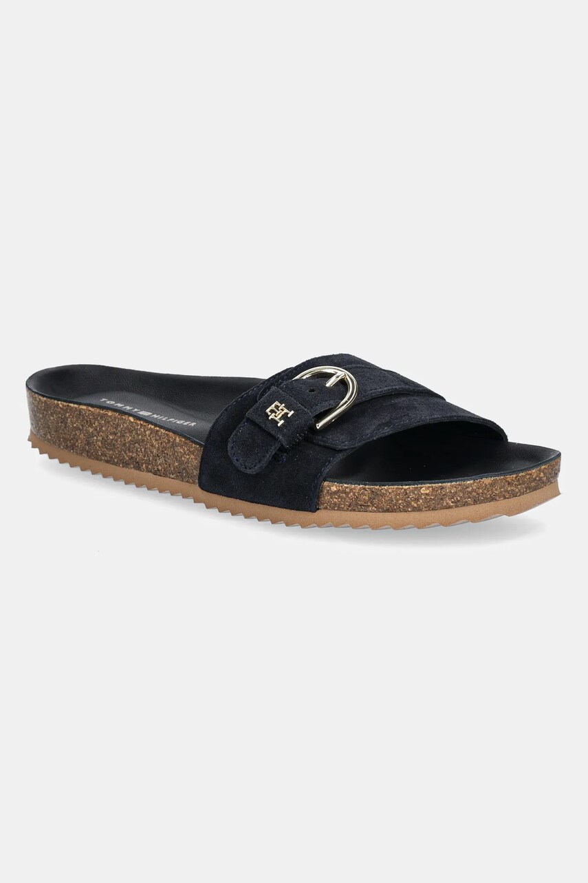 Levně Semišové pantofle Tommy Hilfiger SOFT SUEDE ADJUSTABLE MULE dámské, tmavomodrá barva, FW0FW08809