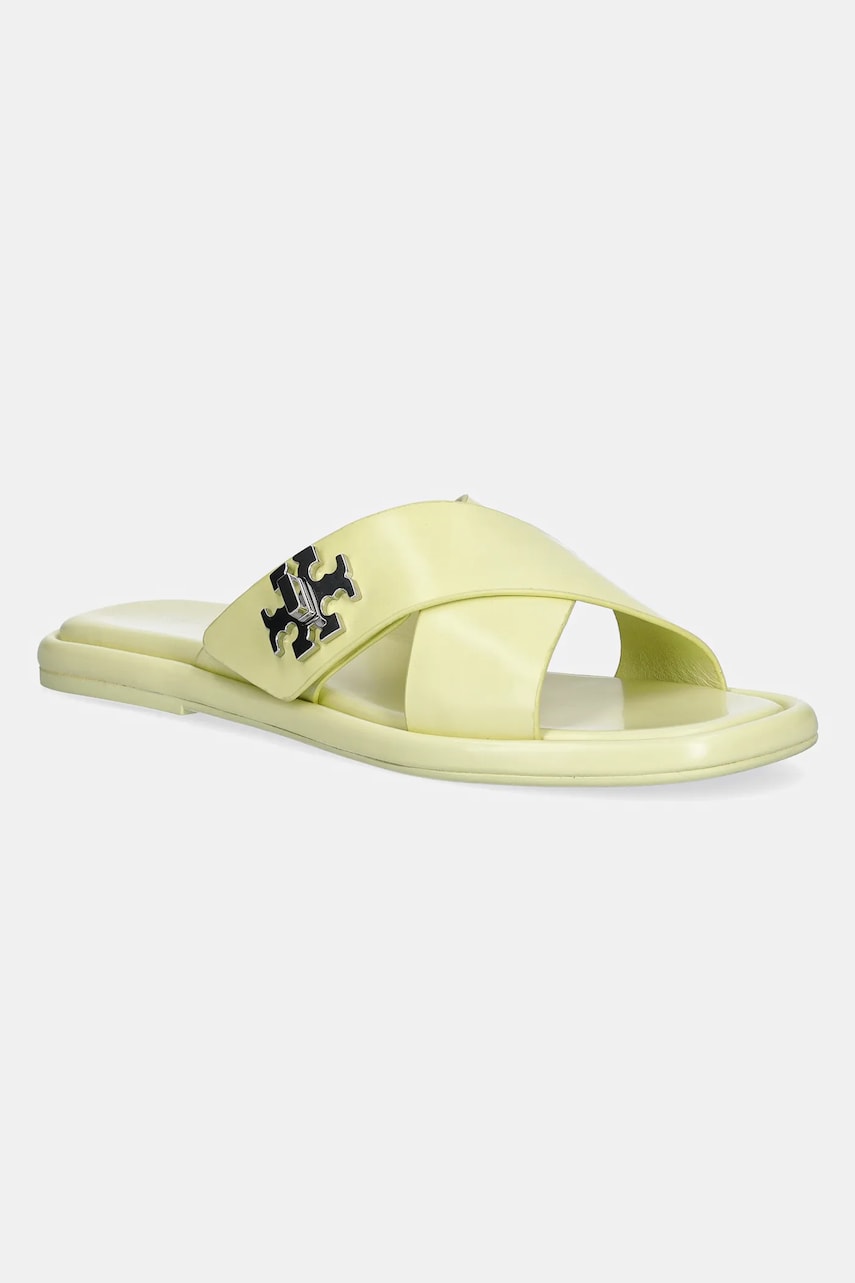 Tory Burch șlapi de piele T Lock Cross Band Slide femei, culoarea galben, 170611-700 Tory Burch șlapi de piele T Lock Cross Band Slide femei, culoarea galben, 170611-700