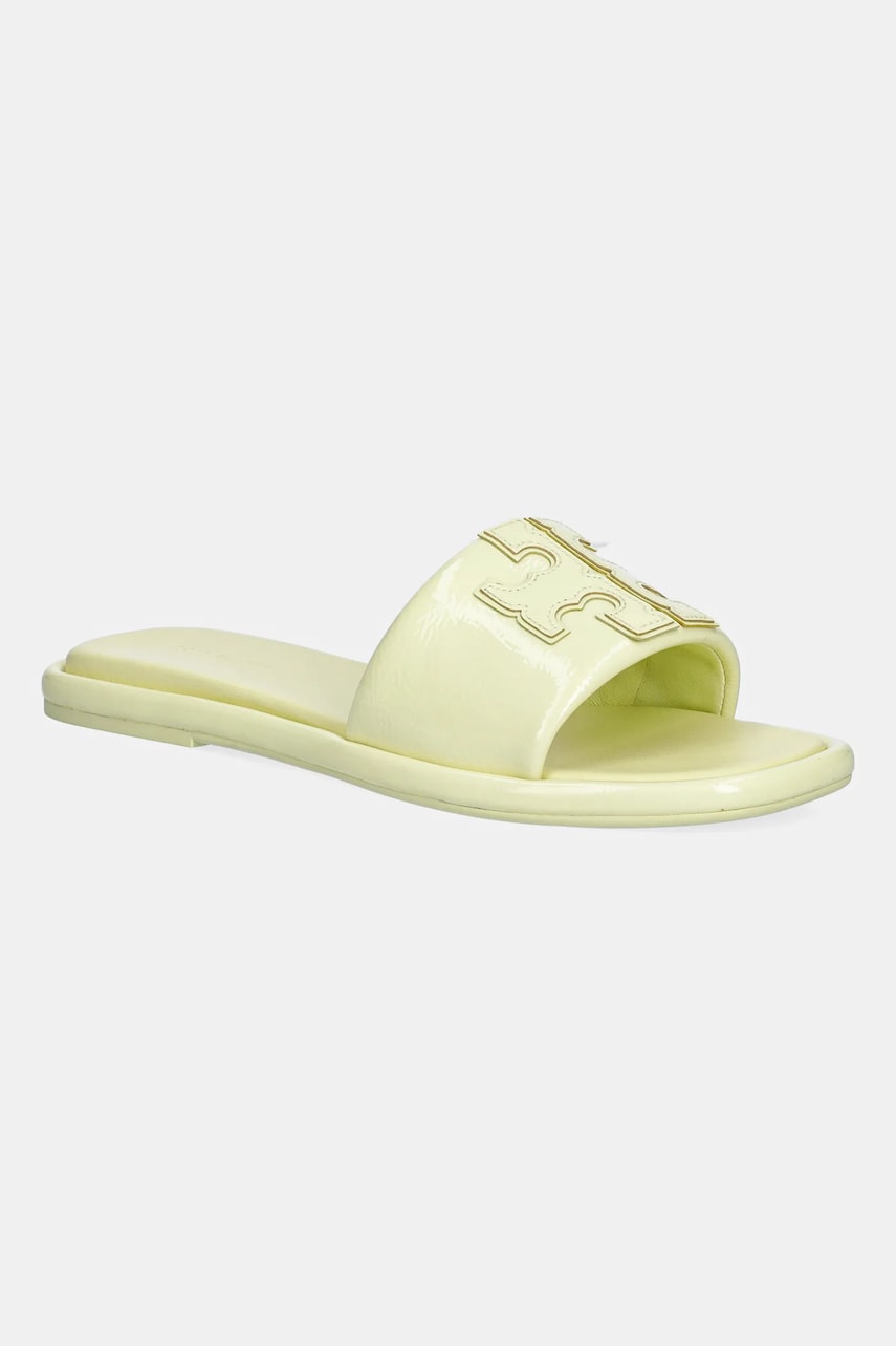 Tory Burch papuci de piele Double T Sport Slide culoarea galben, 141380-701 Tory Burch papuci de piele Double T Sport Slide culoarea galben, 141380-701