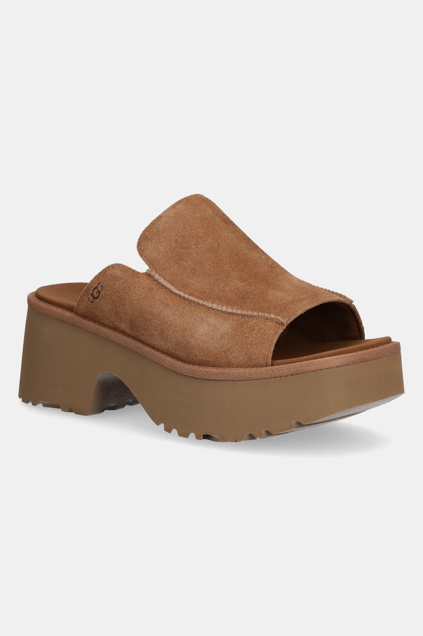 UGG papuci din piele New Heights Slide femei, culoarea maro, cu platforma, 1167476-CHE