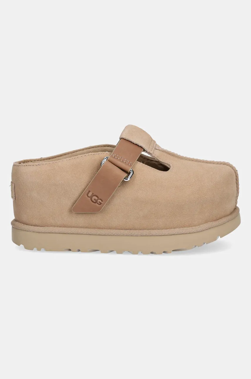 Замшевые шлепанцы UGG Goldenstar Hi Clog женские цвет бежевый на платформе 1167550-SAN Замшевые шлепанцы UGG Goldenstar Hi Clog женские цвет бежевый на платформе 1167550-SAN