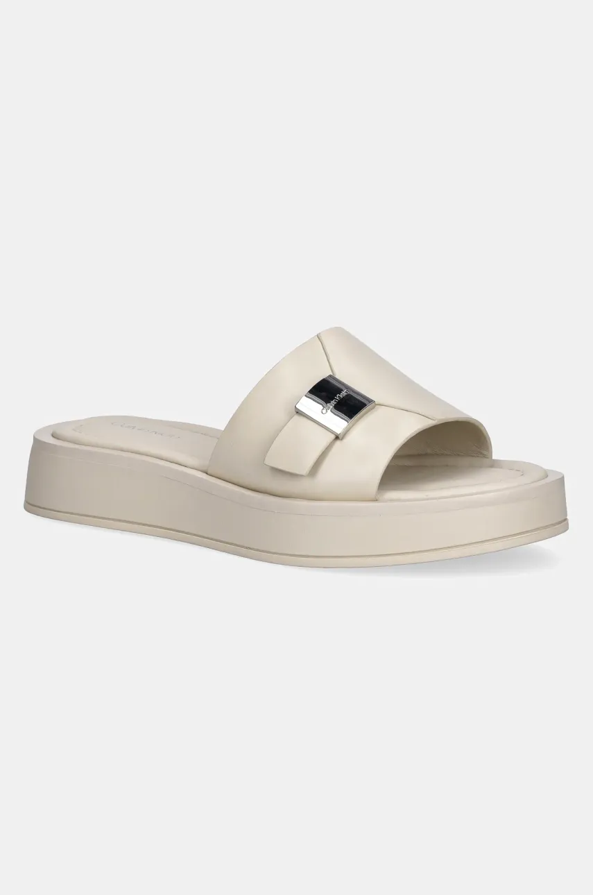 Levně Kožené pantofle Calvin Klein FLATFORM SLIDE W/CK HW - LTH dámské, béžová barva, na platformě, HW0HW02368