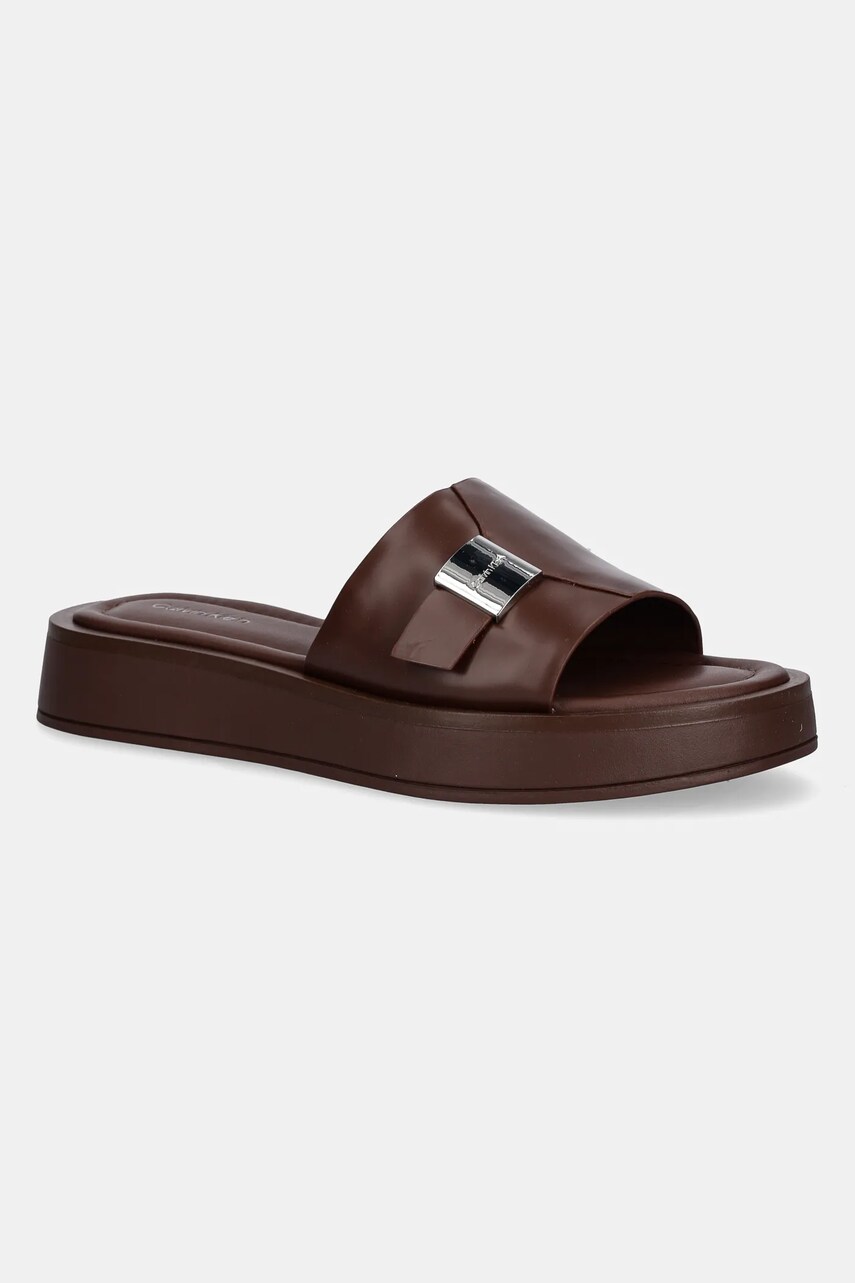 Levně Kožené pantofle Calvin Klein FLATFORM SLIDE W/CK HW - LTH dámské, hnědá barva, na platformě, HW0HW02368