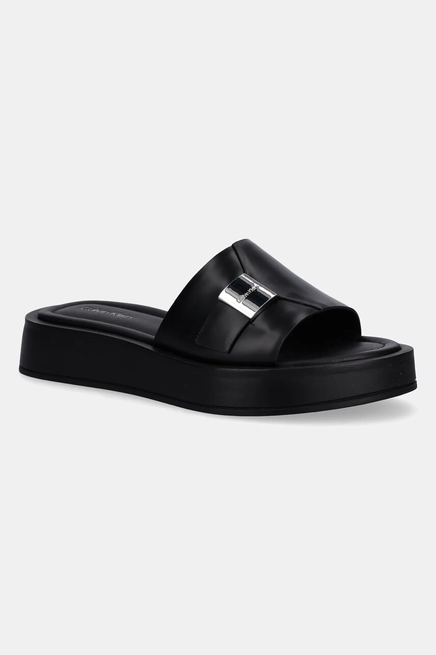 Levně Kožené pantofle Calvin Klein FLATFORM SLIDE W/CK HW - LTH dámské, černá barva, na platformě, HW0HW02368