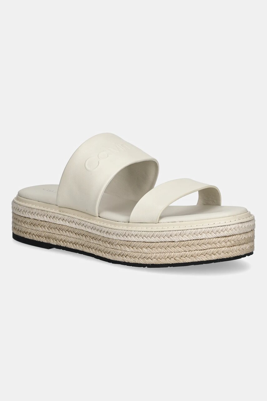 Levně Kožené pantofle Calvin Klein FLATFORM WEDGE SLIDE - HE dámské, béžová barva, na platformě, HW0HW02374