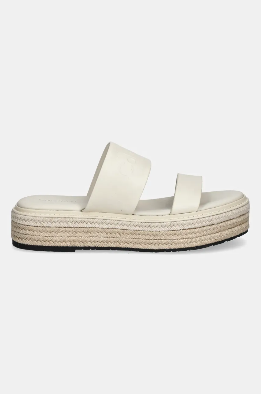 Кожаные шлепанцы Calvin Klein FLATFORM WEDGE SLIDE - HE женские цвет бежевый на платформе HW0HW02374 Кожаные шлепанцы Calvin Klein FLATFORM WEDGE SLIDE - HE женские цвет бежевый на платформе HW0HW02374