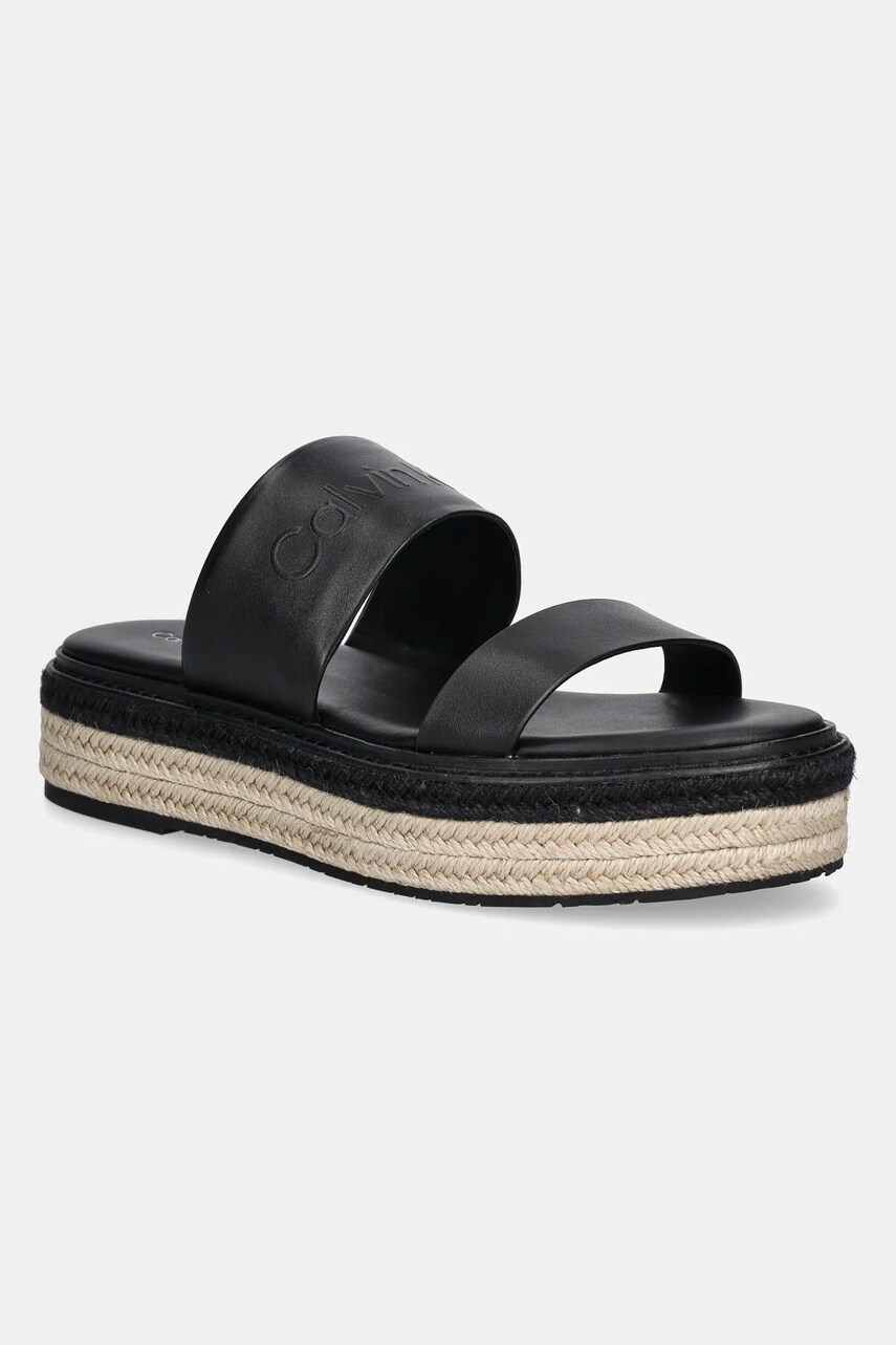Levně Kožené pantofle Calvin Klein FLATFORM WEDGE SLIDE - HE dámské, černá barva, na platformě, HW0HW02374