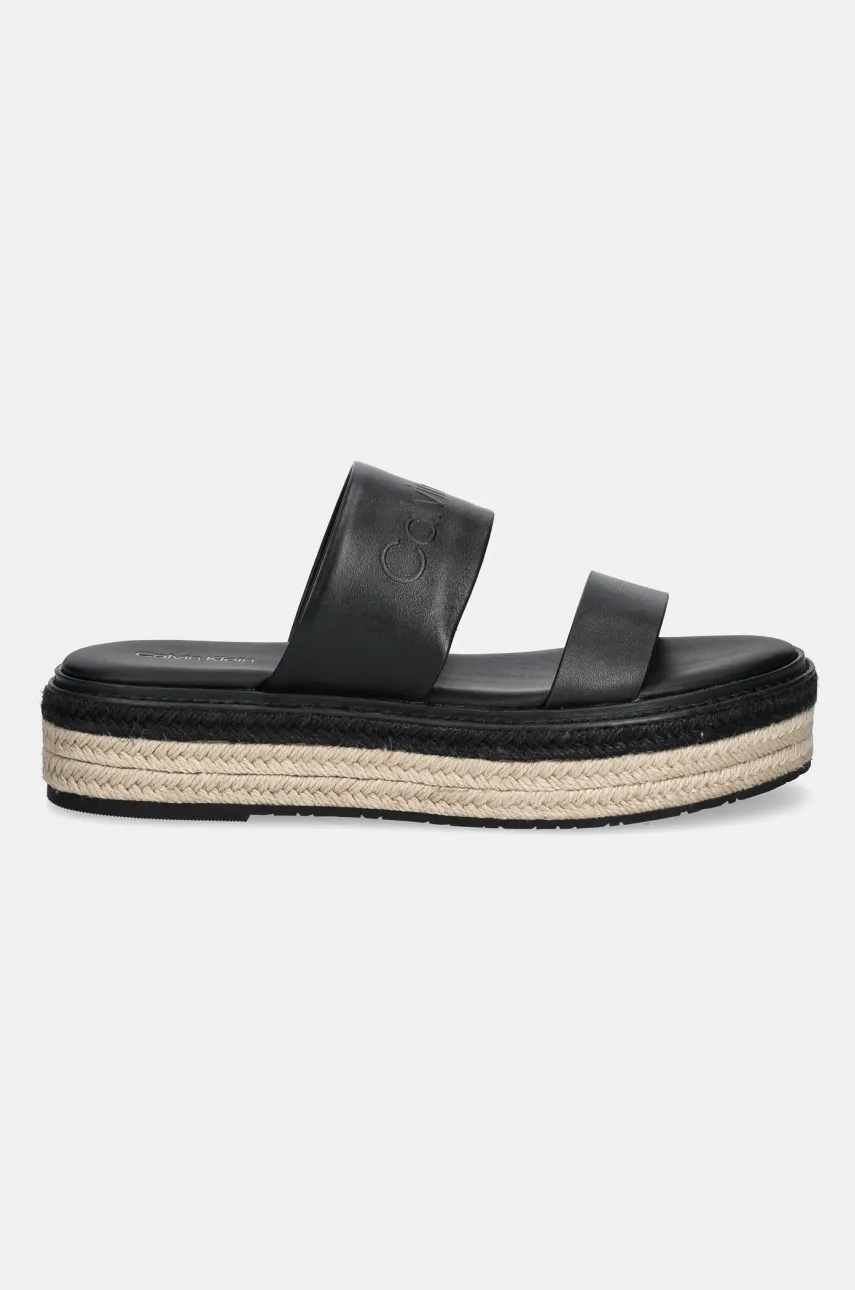 Кожаные шлепанцы Calvin Klein FLATFORM WEDGE SLIDE - HE женские цвет чёрный на платформе HW0HW02374 Кожаные шлепанцы Calvin Klein FLATFORM WEDGE SLIDE - HE женские цвет чёрный на платформе HW0HW02374