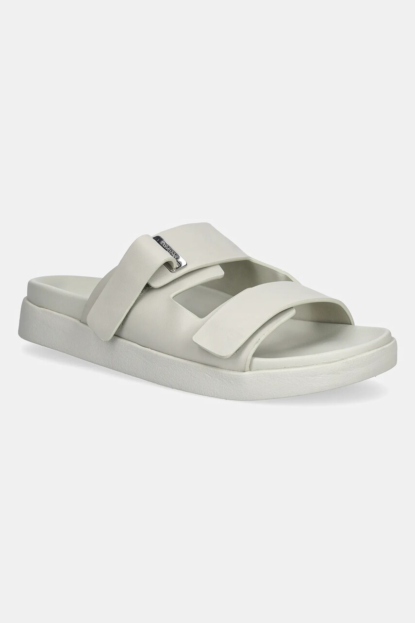 Levně Kožené pantofle Calvin Klein FLAT ADJ SLIDE EYELET dámské, béžová barva, HW0HW02489