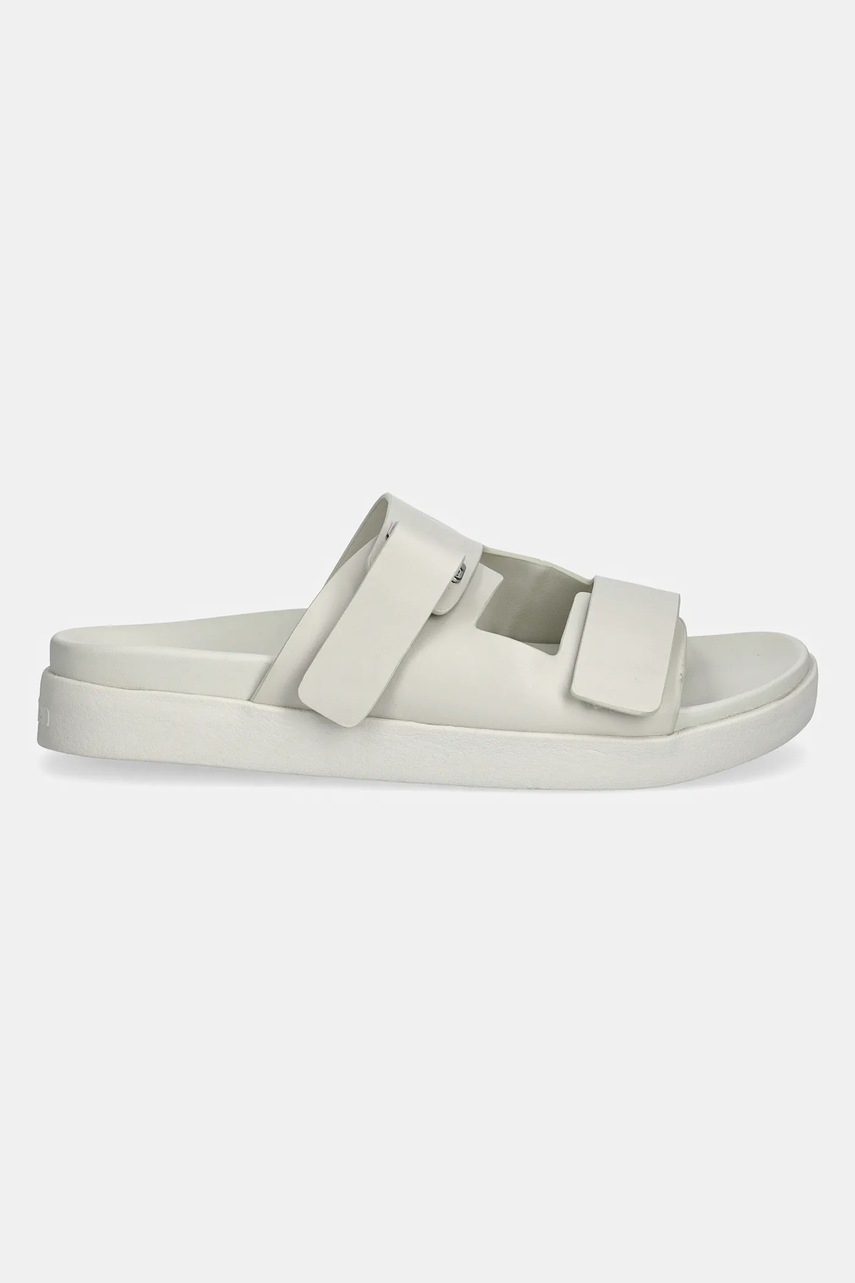 Δερμάτινες παντόφλες Calvin Klein FLAT ADJ SLIDE EYELET γυναικείες, χρώμα: μπεζ, HW0HW02489 φωτογραφία