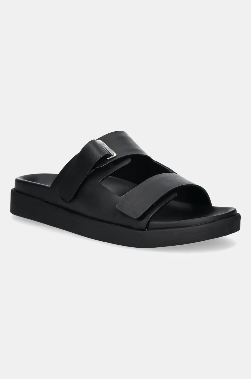 Levně Kožené pantofle Calvin Klein FLAT ADJ SLIDE EYELET dámské, černá barva, HW0HW02489