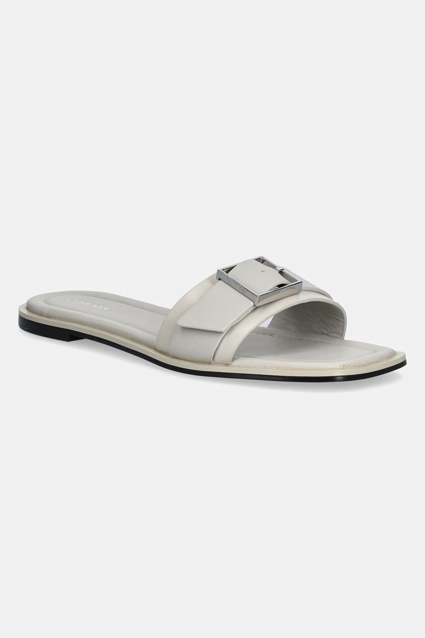 Levně Kožené pantofle Calvin Klein FLAT SLIDE W/BUCKLE - LTH dámské, béžová barva, HW0HW02490