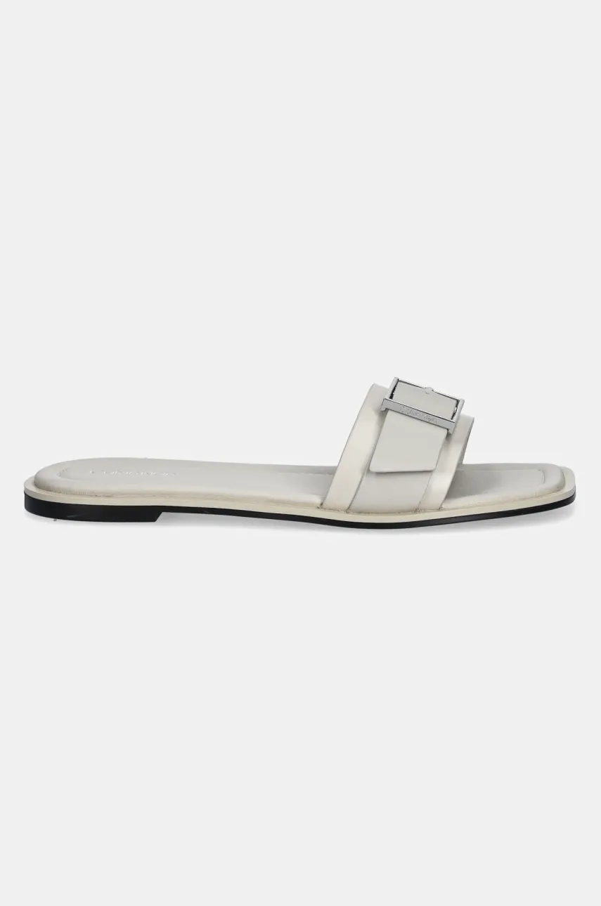 Кожаные шлепанцы Calvin Klein FLAT SLIDE W/BUCKLE - LTH женские цвет бежевый HW0HW02490 Кожаные шлепанцы Calvin Klein FLAT SLIDE W/BUCKLE - LTH женские цвет бежевый HW0HW02490