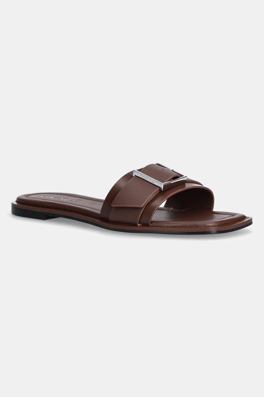 Levně Kožené pantofle Calvin Klein FLAT SLIDE W/BUCKLE - LTH dámské, hnědá barva, HW0HW02490