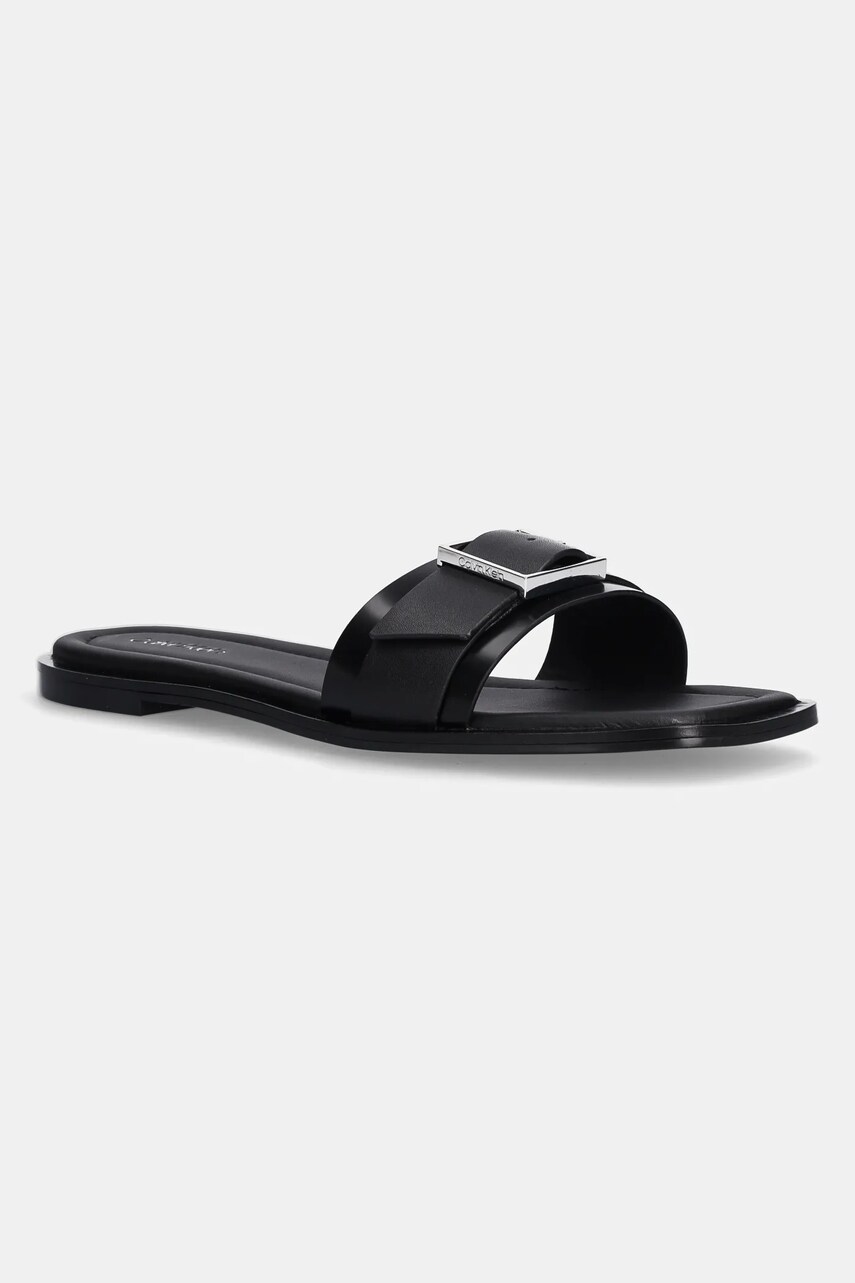 Levně Kožené pantofle Calvin Klein FLAT SLIDE W/BUCKLE - LTH dámské, černá barva, HW0HW02490