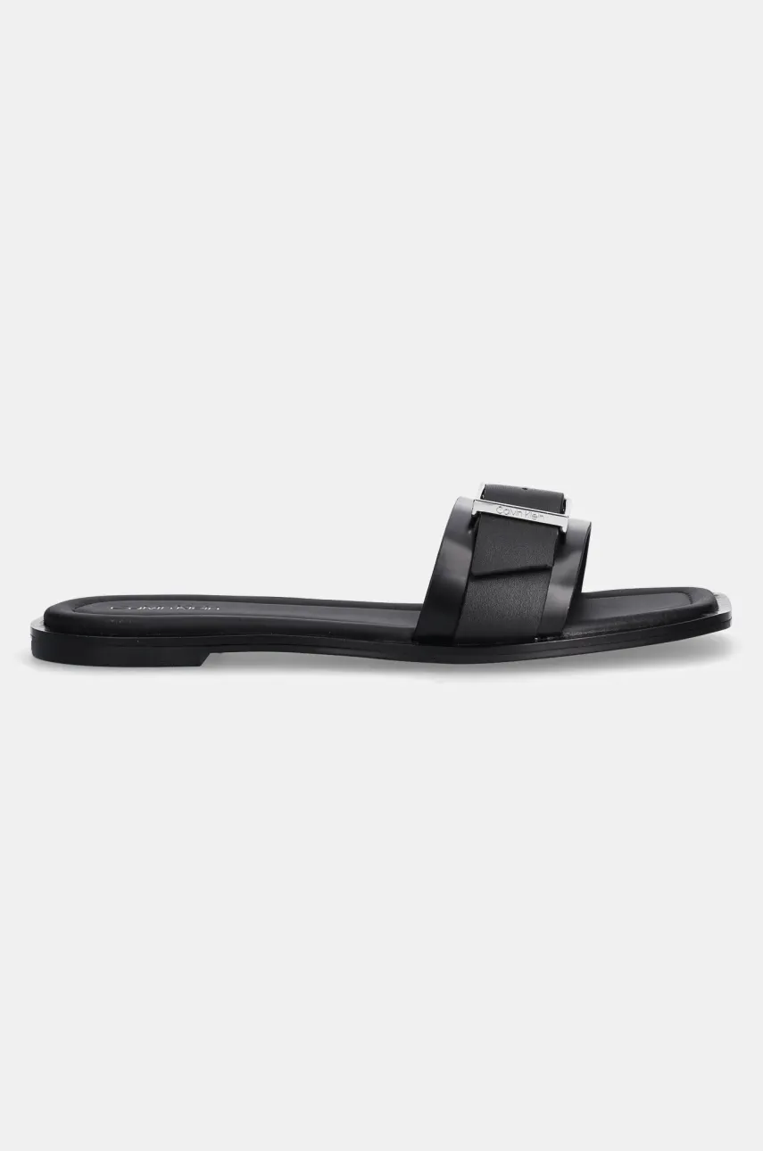 Кожаные шлепанцы Calvin Klein FLAT SLIDE W/BUCKLE - LTH женские цвет чёрный HW0HW02490 Кожаные шлепанцы Calvin Klein FLAT SLIDE W/BUCKLE - LTH женские цвет чёрный HW0HW02490