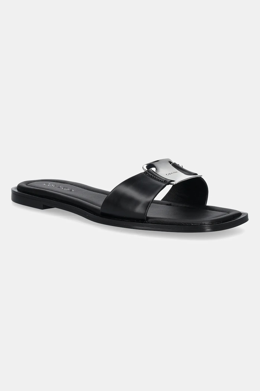Levně Kožené pantofle Calvin Klein FLAT SLIDE W/CK HW BIG - LTH dámské, černá barva, HW0HW02482