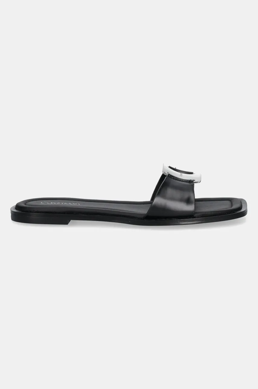Кожаные шлепанцы Calvin Klein FLAT SLIDE W/CK HW BIG - LTH женские цвет чёрный HW0HW02482 Кожаные шлепанцы Calvin Klein FLAT SLIDE W/CK HW BIG - LTH женские цвет чёрный HW0HW02482