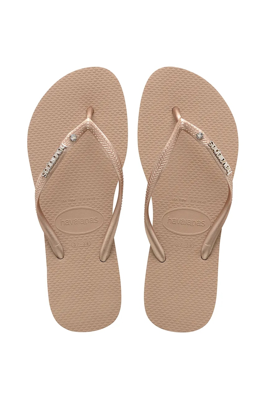 Havaianas slapi SLIM METAL LOGO AND CRYSTAL femei, culoarea bej, cu toc plat, 4129769-3581 Havaianas slapi SLIM METAL LOGO AND CRYSTAL femei, culoarea bej, cu toc plat, 4129769-3581