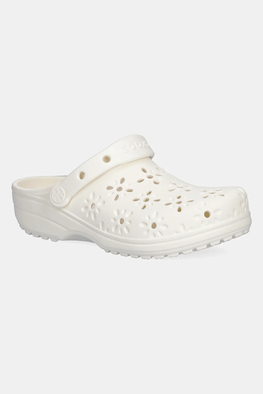 Crocs papuci Classic Floral Cut Out Clog culoarea bej, toc pana, 210927-0WV Crocs papuci Classic Floral Cut Out Clog culoarea bej, toc pana, 210927-0WV