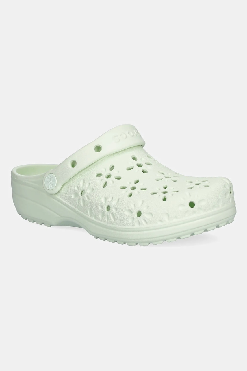 Crocs papuci Classic Floral Cut Out Clog culoarea verde, toc pana, 210927-3YH Crocs papuci Classic Floral Cut Out Clog culoarea verde, toc pana, 210927-3YH