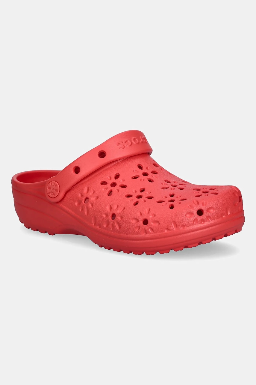 Crocs papuci Classic Floral Cut Out Clog culoarea rosu, toc pana, 210927-6ZR Crocs papuci Classic Floral Cut Out Clog culoarea rosu, toc pana, 210927-6ZR