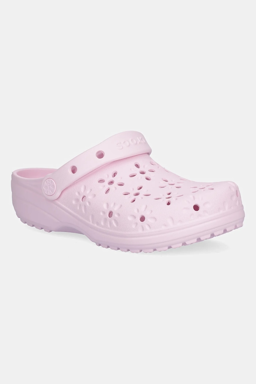 Crocs papuci Classic Floral Cut Out Clog culoarea roz, toc pana, 210927-6ZW Crocs papuci Classic Floral Cut Out Clog culoarea roz, toc pana, 210927-6ZW