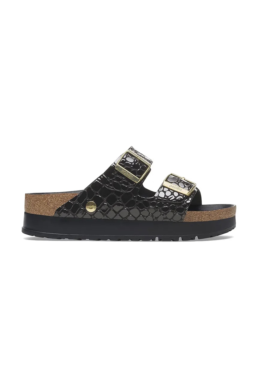 Levně Kožené pantofle Birkenstock Arizona Flex Platform Shiny Croc Birkenstock x Papillio dámské, černá barva, 1029045