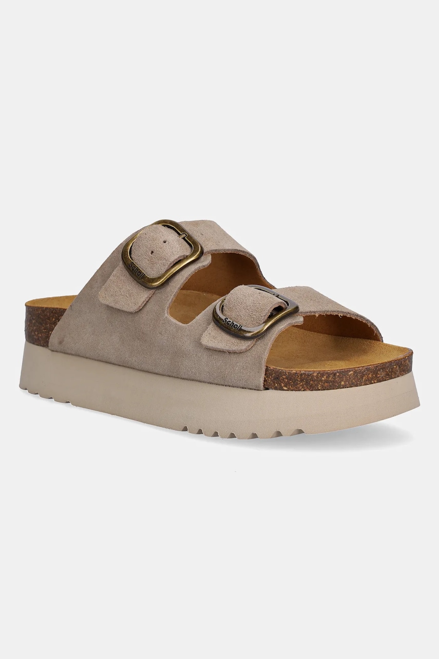 Scholl papuci din piele LUCIE femei, culoarea bej, cu platforma, F315802361
