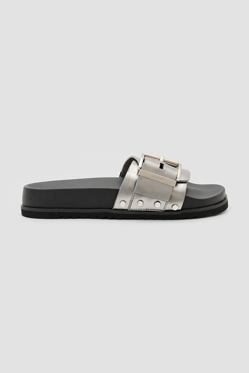 AllSaints papuci Ellie Stud Slider femei, culoarea argintiu, W039FC AllSaints papuci Ellie Stud Slider femei, culoarea argintiu, W039FC