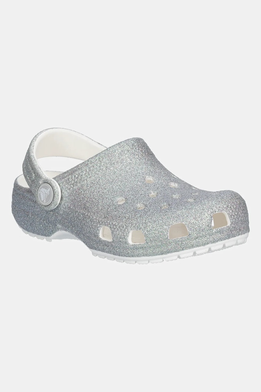 Crocs papuci CLASSIC IRIDESCENT GLITTER CLOG KIDS culoarea argintiu, 210986 Crocs papuci CLASSIC IRIDESCENT GLITTER CLOG KIDS culoarea argintiu, 210986